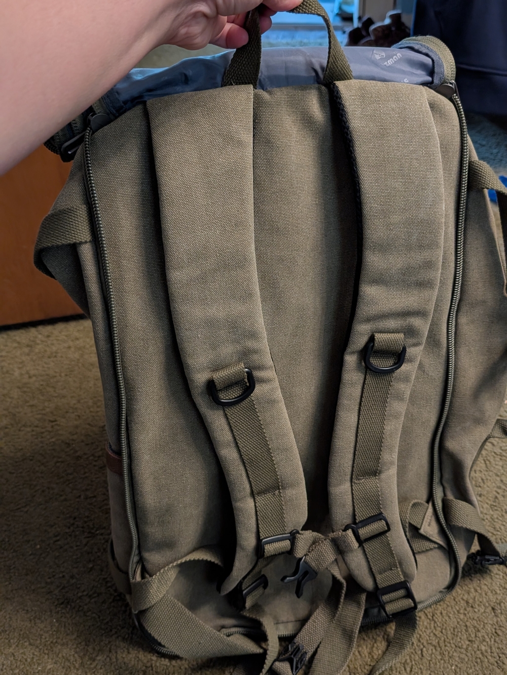 Canvas Travel Backpack in Khaki with Leather Accents - Picture 12 of 13